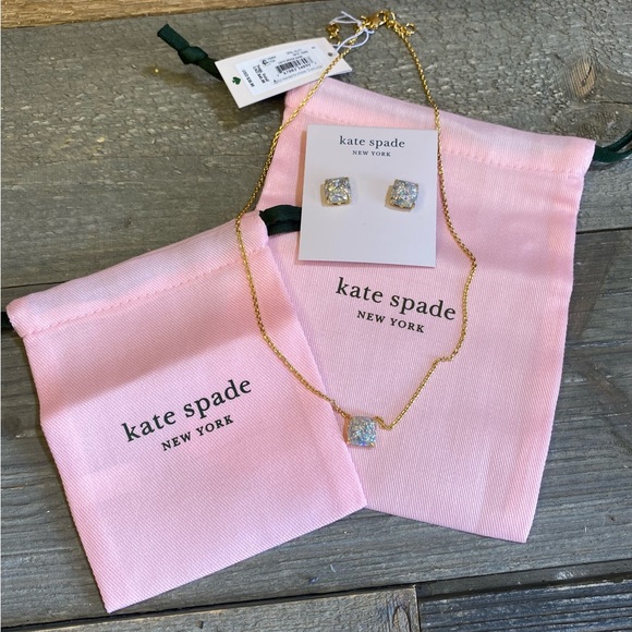 Kate Spade New York Square Stud Earring & Necklace Set, Opal Glitter Gold NEW